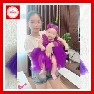 Váy trẻ em 1 tuổi, váy công chúa bé gái tím hoa dải có tặng kèm băng đô cho bé