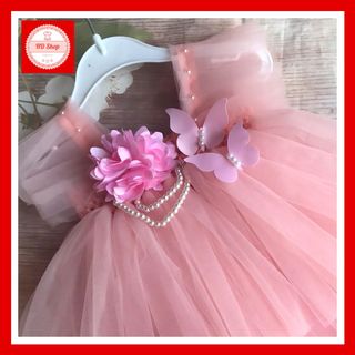 Váy 3 tầng cho bé gái, đầm cánh tiên hồng cam đính hoa xù giá sỉ