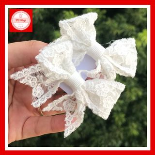 Kẹp tóc cho bé gái nơ ren màu kem 007