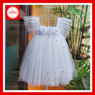 Váy cho bé trắng voan sao đính hoa hồng cho bé gái