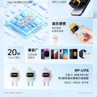 Củ sạc nhanh REMAX RP-U115 CN GaN 20W PD+QC 1 cổng Type C
