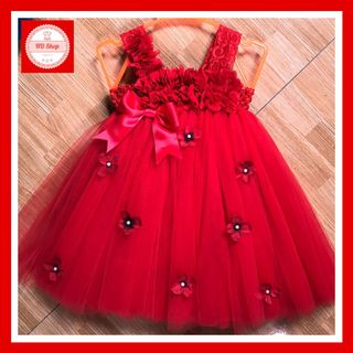 Đầm cho bé, váy trẻ em đỏ hoa dải đính hoa tú cầu cho bé gái 1 tháng đến 5 tuổi giá sỉ
