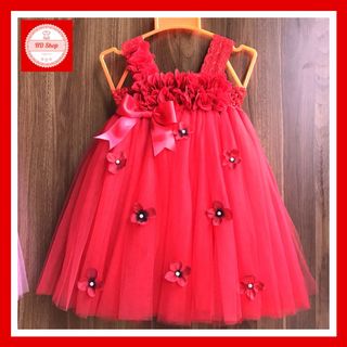 Đầm cho bé, váy trẻ em đỏ hoa dải đính hoa tú cầu cho bé gái 1 tháng đến 5 tuổi