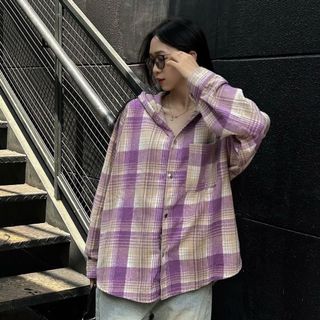 Áo khoác chống nắng flannel caro tím
