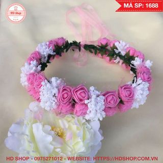 Vòng hoa đội đầu chụp ảnh, chụp kỷ yếu hồng phấn phối trắng
