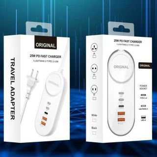 Ổ cắm điện sạc nhanh 25W, Ổ cắm 5 cổng sạc nhanh, Ổ cắm đa năng thay thế củ sạc, 2 USB, 2 TypeC, 1 Laining IP