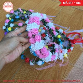 Vòng hoa đội đầu chụp ảnh, chụp kỷ yếu hồng phấn phối trắng