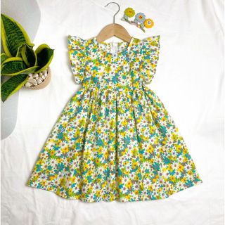 Váy Hoa Bé Gái Đầm Thiết Kế Bé Gái Tay Cánh Tiên Váy Mặc Mùa Hè Cho Bé Vải Thô Cotton