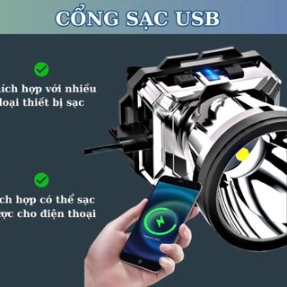 Đèn Pin Đội Đầu LAMP Siêu Sáng Chống Thấm Nước,CẢM ỨNG Sạc UBS/TYPE-C Dùng Sạc Điện Thoại