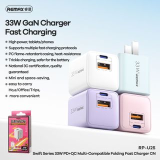 Củ sạc nhanh REMAX RP-U25 CN GaN 33W PD+QC USB+Type C Sử dụng công nghệ GaN
