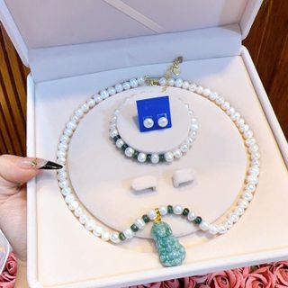 BỘ TRANG SỨC NGỌC TRAI NUÔI NƯỚC NGỌT THIÊN NHIÊN MÓC VÀNG TÂY 10 KARA - THẮNG GIANG