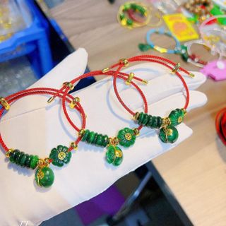 VÒNG TAY CỎ BỐN LÁ NGŨ ĐIẾU TÚI TIỀN CẨM THẠCH SƠN THỦY PHỐI CHARM VÀNG - THẮNG GIANG