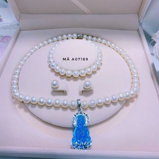 BỘ TRANG SỨC NGỌC TRAI NUÔI THIÊN NHIÊN PHỐI MẶT QUAN ÂM BỌC BẠC - THẮNG GIANG