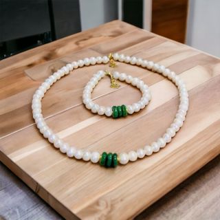 BỘ TRANG SỨC NGỌC TRAI NUÔI PHỐI TAM ĐIẾU NGỌC CẨM THẠCH THIÊN NHIÊN - THẮNG GIANG