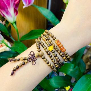 VÒNG TAY TRẦM HƯƠNG TỐC THIÊN NHIÊN PHỐI NGŨ ĐIẾU MINI CHARM BẠC TA XI VÀNG - THẮNG GIANG