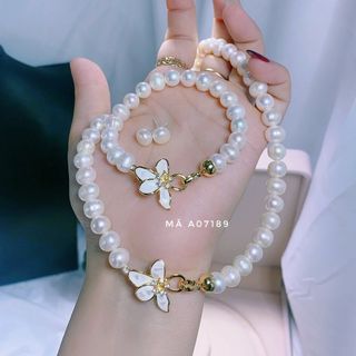 BỘ TRANG SỨC NGỌC TRAI NUÔI NƯỚC NGỌT THIÊN NHIÊN KHÓA HOA - THẮNG GIANG