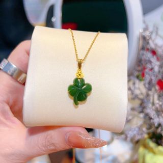 MẶT DÂY CHUYỀN CỎ BỐN LÁ NGỌC BÍCH THIÊN NHIÊN CAO CẤP MÓC MẶT VÀNG TÂY 10 KARA - THẮNG GIANG