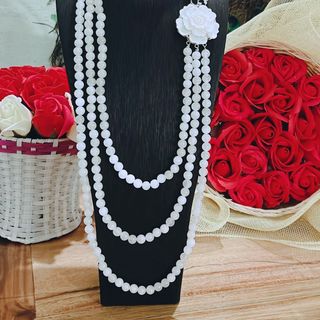 CHUỖI VÒNG CỔ BA TẦNG THẠCH ANH TRẮNG THIÊN NHIÊN KHÓA HOA VỎ NGỌC TRAI - THẮNG GIANG