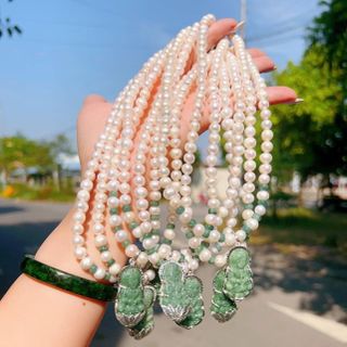 DÂY CHUYỀN NGỌC TRAI NUÔI GẮN MẶT PHẬT QUAN ÂM NGỌC CẨM THẠCH BỌC BẠC TA - THẮNG GIANG