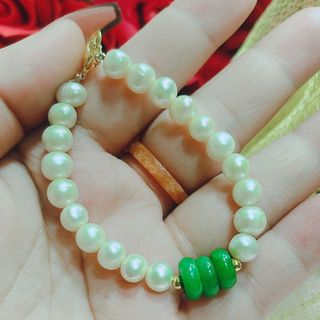 VÒNG TAY NGỌC TRAI 8 LY THIÊN NHIÊN PHỐI TAM ĐIẾU NGỌC CẨM THẠCH - THẮNG GIANG