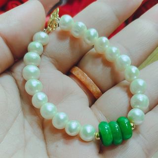 VÒNG TAY NGỌC TRAI 8 LY THIÊN NHIÊN PHỐI TAM ĐIẾU NGỌC CẨM THẠCH - THẮNG GIANG
