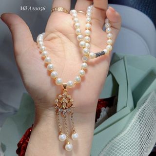 VÒNG CỔ NGỌC TRAI NUÔI THIÊN NHIÊN 6 LY PHỐI HOA SEN XI VÀNG - THẮNG GIANG