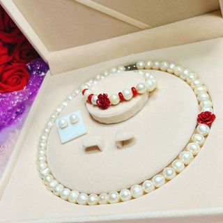 BỘ TRANG SỨC NGỌC TRAI NUÔI THIÊN NHIÊN PHỐI HOA MẪU ĐƠN CHU SA - THẮNG GIANG