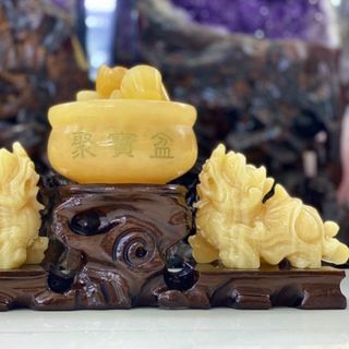 BỘ TÌ HƯU TRẦU BÁT BẢO ĐÁ NGỌC HOÀNG LONG THIÊN NHIÊN NGUYÊN KHỐI TẶNG KÈM ĐẾ GỖ - THẮNG GIANG