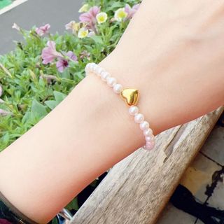 VÒNG TAY NGỌC TRAI NUÔI THIÊN NHIÊN PHỐI TRÁI TIM BẠC TA XI VÀNG 18KARA - FREESIZE - CÓ THẺ HÓA ĐƠN - THẮNG GIANG