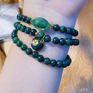 VÒNG TAY TÚI TIỀN NGÂN LƯỢNG NGỌC CẨM THẠCH SƠN THỦY THIÊN NHIÊN BỌC VÀNG TÂY 10 KARA ( CÓ THẺ HÓA ĐƠN ) - THẮNG GIANG