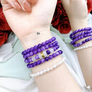 VÒNG TAY THẠCH ANH TÍM 108 HẠT - 6 LY PHỐI LU NGỌC GIÁC VÀNG 24K - FREESIZE