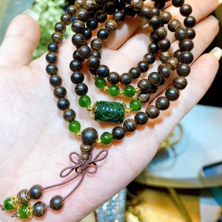 VÒNG TAY TRẦM HƯƠNG SÁNH THIÊN NHIÊN PHỐI LU THỐNG CẨM THẠCH TRẠM KHẮC, PHỐI CHARM XI VÀNG - THẮNG GIANG