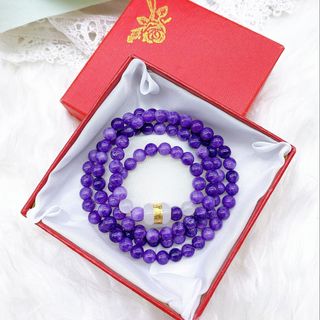 VÒNG TAY THẠCH ANH TÍM 108 HẠT - 6 LY PHỐI LU NGỌC GIÁC VÀNG 24K - FREESIZE