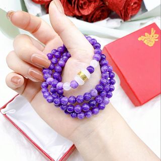 VÒNG TAY THẠCH ANH TÍM 108 HẠT - 6 LY PHỐI LU NGỌC GIÁC VÀNG 24K - FREESIZE