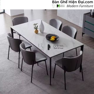 Bộ bàn ăn phòng ăn chung cư nhà phố mặt đá chữ nhật 1m4 chân sắt 6 ghế nệm HCM TN1227-14E ECO 1A-FP giá sỉ