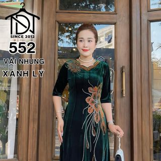 Đầm trung niên dự tiệc sang trọng vải nhung cao cấp đính đá, tặng mẹ co giãn tốt bigsize 75kg M552