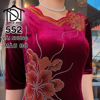 Đầm trung niên dự tiệc sang trọng vải nhung cao cấp đính đá, tặng mẹ co giãn tốt bigsize 75kg M552