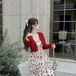 Đầm 2 dây hoa nhí kèm khoác chất lụa freesize dưới 55kg