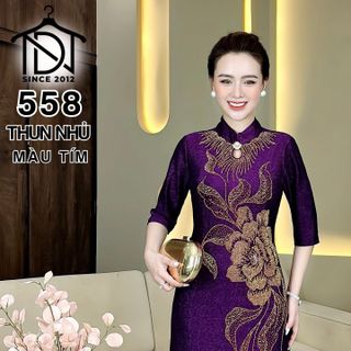 Đầm trung niên dự tiệc sang trọng vải thun nhũ cao cấp đính đá, đầm cách tân tặng mẹ co giãn tốt bigsize 75kg M558
