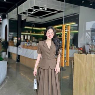 Đầm dự tiệc (Set Áo + Chân váy) thiết kế dáng xoè dự tiệc chất liệu cotton lạnh, tà váy xếp li, mềm mại, sang trong,thanh lịch N11