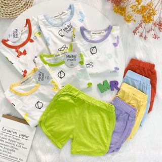 [Bé:8-27kg] Bộ Quần Áo Ngắn Tay Minky Mom Thun Lạnh Thoáng Mát thân Áo Trắng Phối Viền In Hoạ Tiết - Mã: TN-IN38