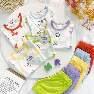 [Bé:8-27kg] Bộ Quần Áo Ngắn Tay Minky Mom Thun Lạnh Thoáng Mát thân Áo Trắng Phối Viền In Hoạ Tiết - Mã: TN-IN38