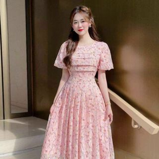 Đầm voan hoa cao cấp, mềm mại, dự tiệc sang trong, thiết kế dáng chữ A giúp che khuyết điểm -N28