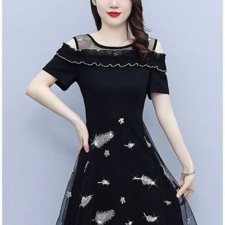 Đầm dự tiệc thiết kế dáng xoè dự tiệc chất liệu umi co giãn phối voan, mềm mại, sang trong,thanh lịch N09
