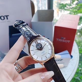 ĐỒNG HỒ NAM CƠ SIÊU CẤP TISỌT DÂY DA KÍNH SAPHIRE LỘ MÁY MẶT TRẮNG VIỀN ĐỒNG