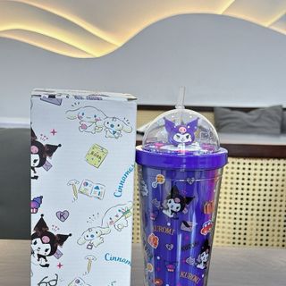 Ly Nhựa Có Nắp, Cốc Nhựa Có Nắp 710ml 2 Lớp In 3D Hình Kuromi + minier Kèm Ống Hút Kute