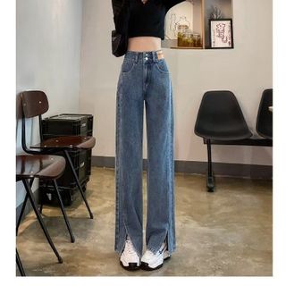 Quần Jean Nữ Ống Rộng Cạp Cao - Quần Bò Nữ Dáng Suông Xẻ Gấu 2 Cúc Cá Tính Chất Vải Denim Đẹp Hotrend Q-1