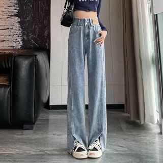 Quần Jean Nữ Ống Rộng Cạp Cao - Quần Bò Nữ Dáng Suông Xẻ Gấu 2 Cúc Cá Tính Chất Vải Denim Đẹp Hotrend Q-1