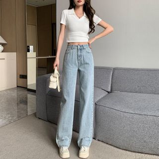 Quần Bò Nữ Ống Rộng Cạp Cao - Quần Jean Nữ Dáng Suông Màu Xanh Basic Phong Cách Hàn Quốc Q-2