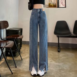 Quần Bò Nữ Ống Rộng Cạp Cao - Quần Jean Nữ Dáng Suông Màu Xanh Basic Phong Cách Hàn Quốc Q-2